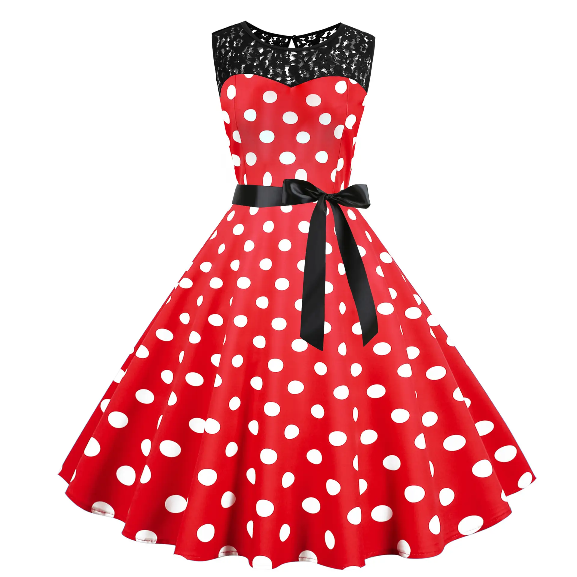 Blue Polka Dot Lace Sleeveless Swing Dress - Image 2