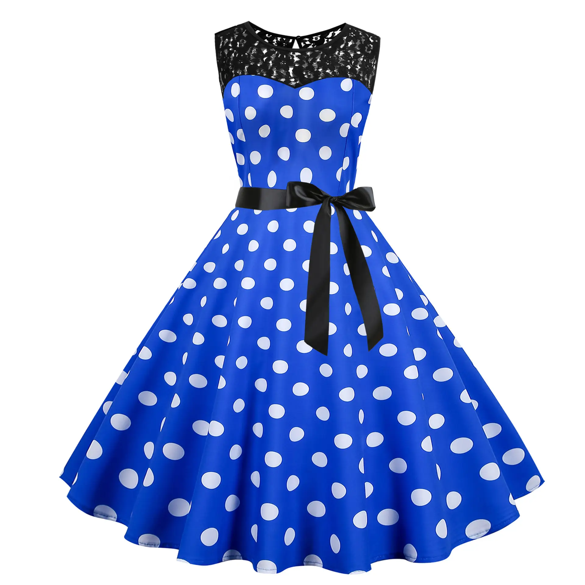 Blue Polka Dot Lace Sleeveless Swing Dress - Image 5