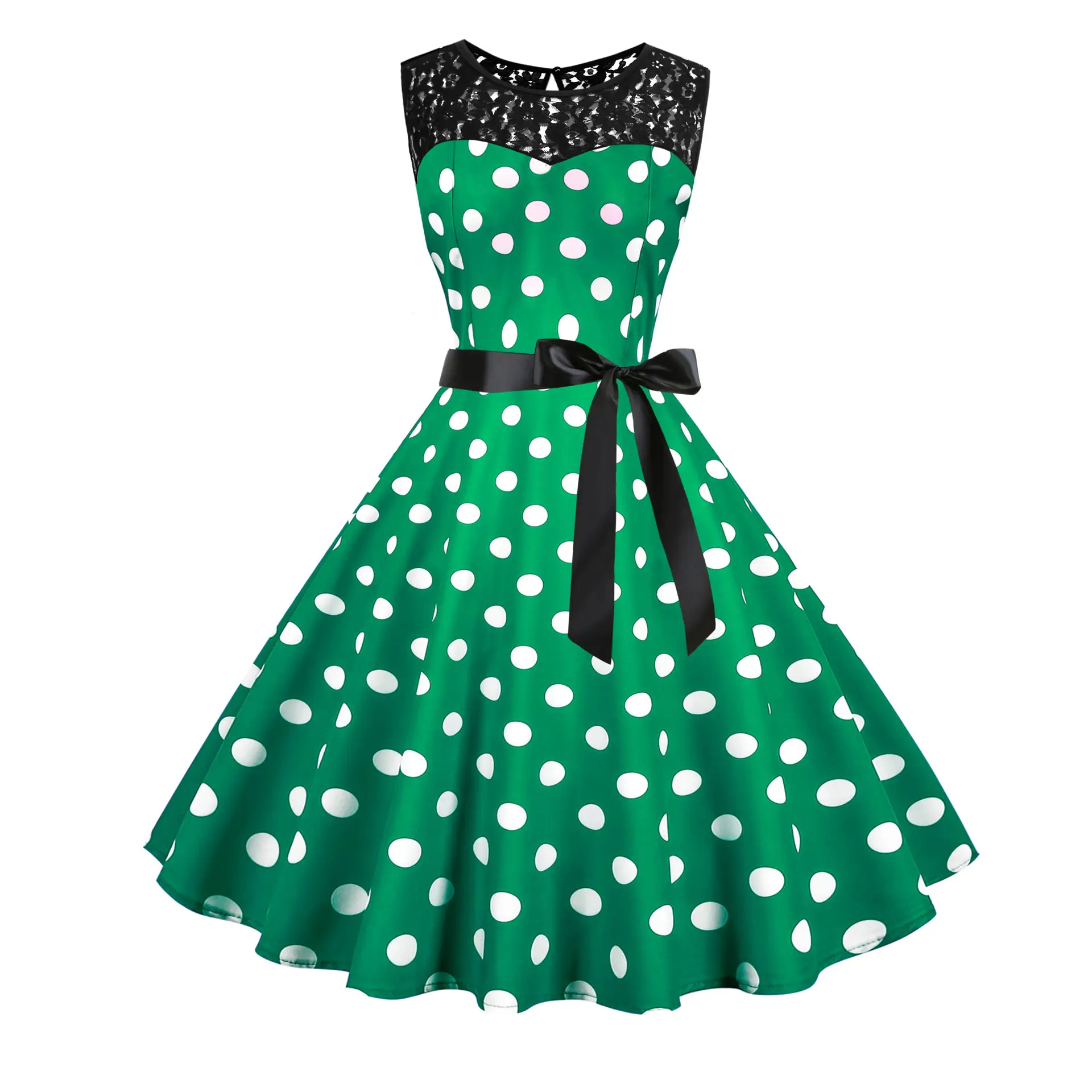 Blue Polka Dot Lace Sleeveless Swing Dress - Image 3