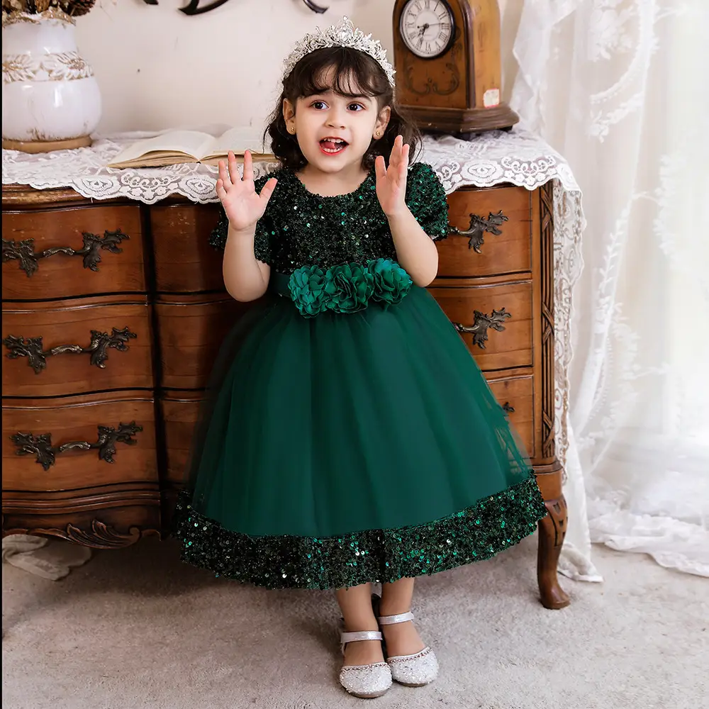Green Flower Sequins Girl's Princess Dress - Image 22