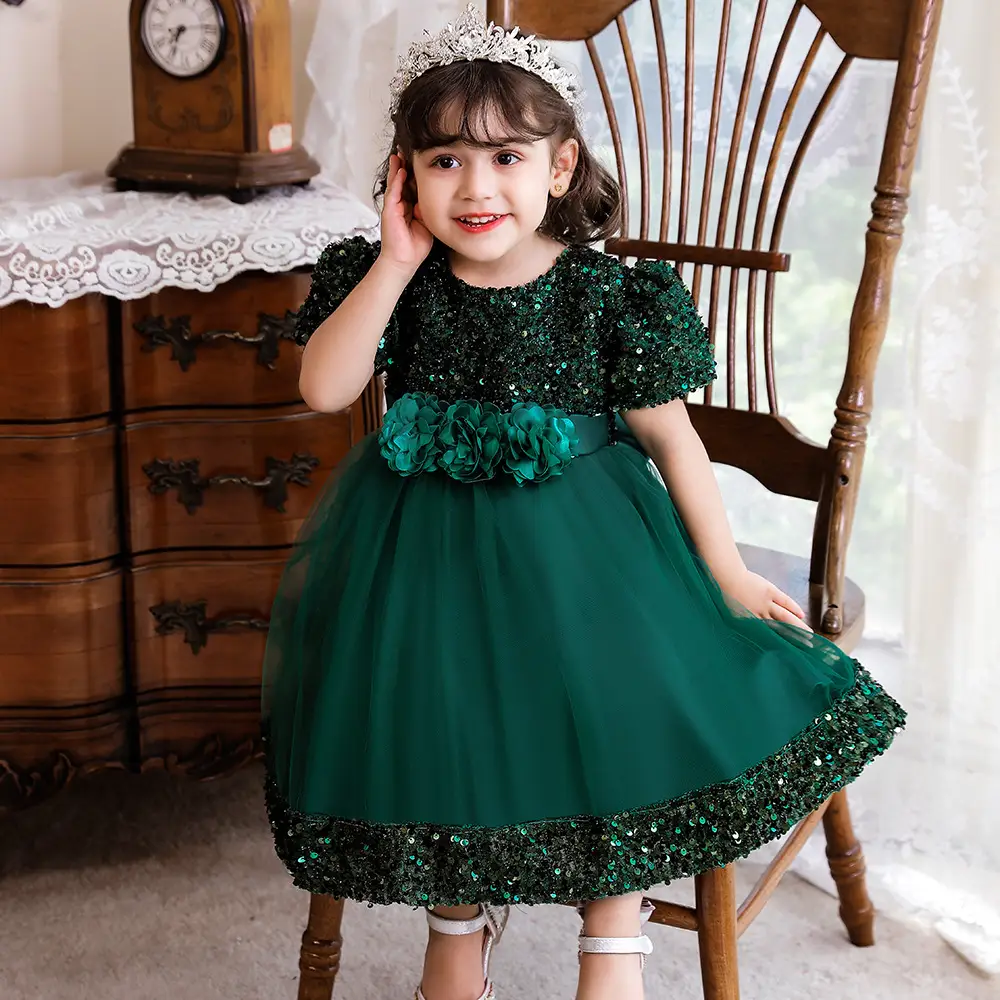 Green Flower Sequins Girl's Princess Dress - Image 2