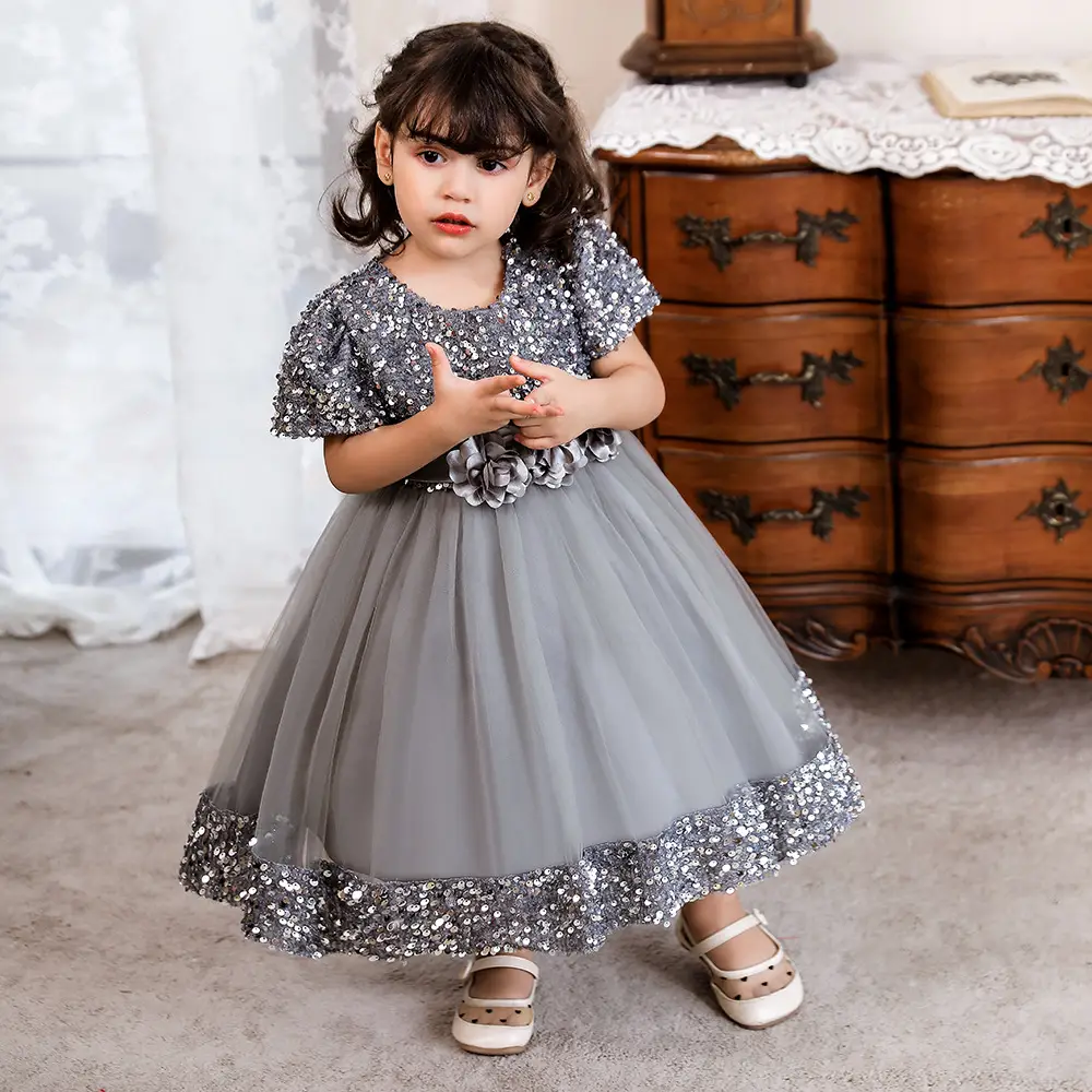 Green Flower Sequins Girl's Princess Dress - Image 3