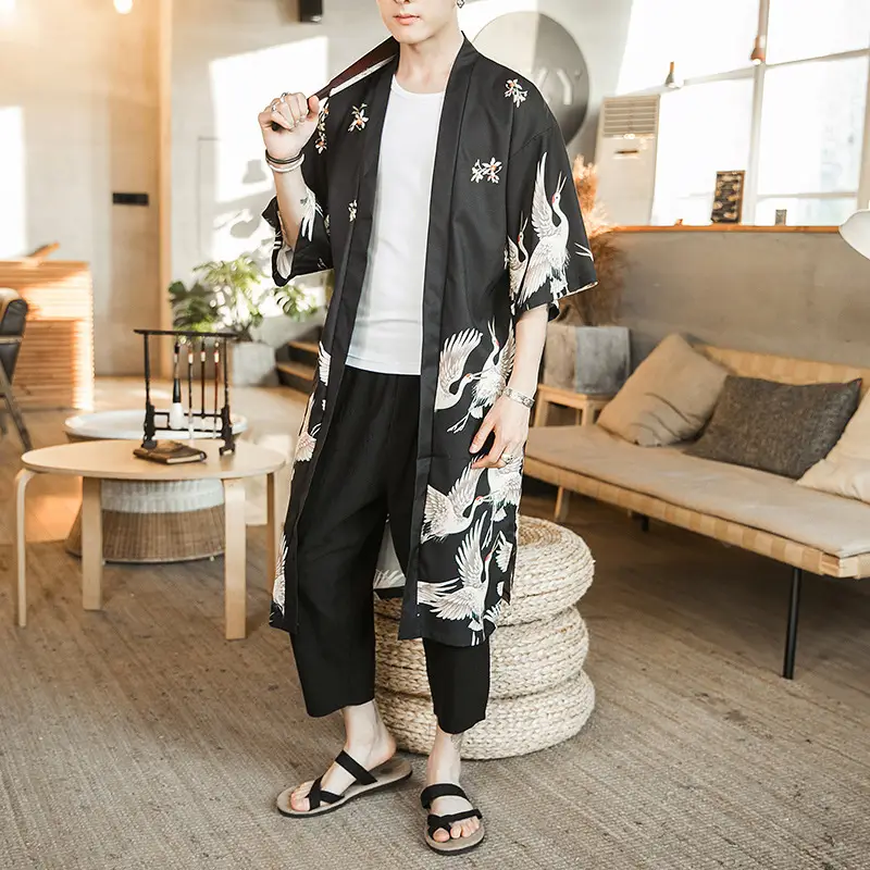 Summer Long Crane Printed Kimono for Men Plus Size - Image 3