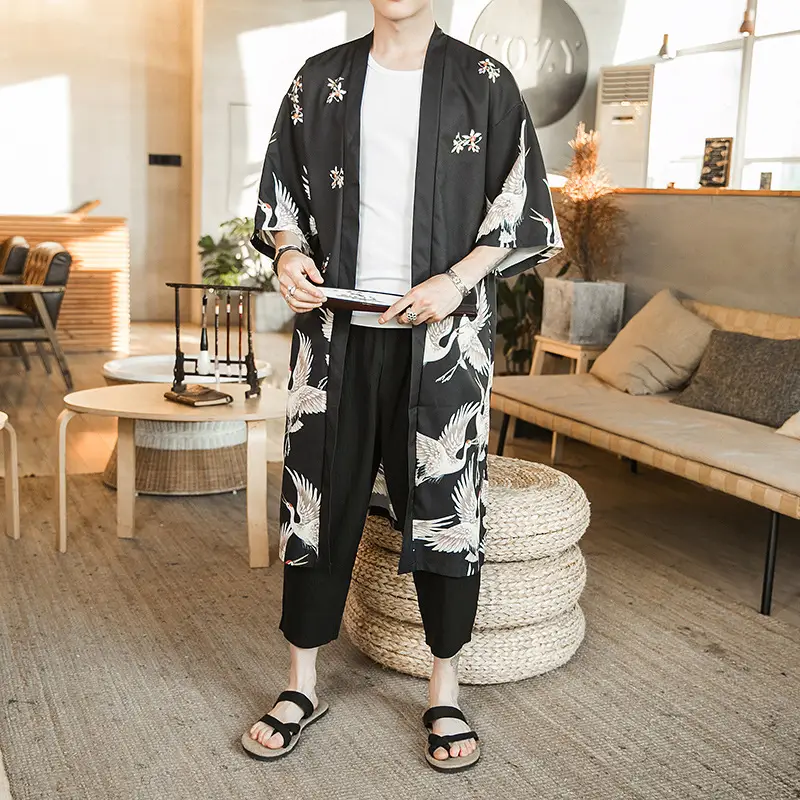 Summer Long Crane Printed Kimono for Men Plus Size - Image 4