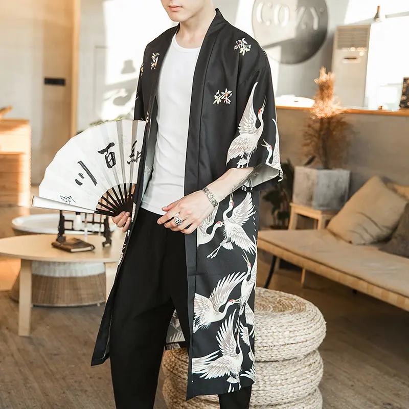 Summer Long Crane Printed Kimono for Men Plus Size - Image 5