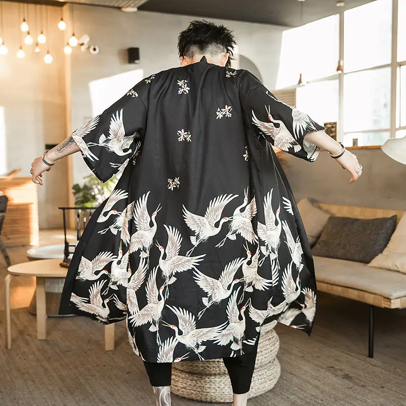 Summer Long Crane Printed Kimono for Men Plus Size - Image 6