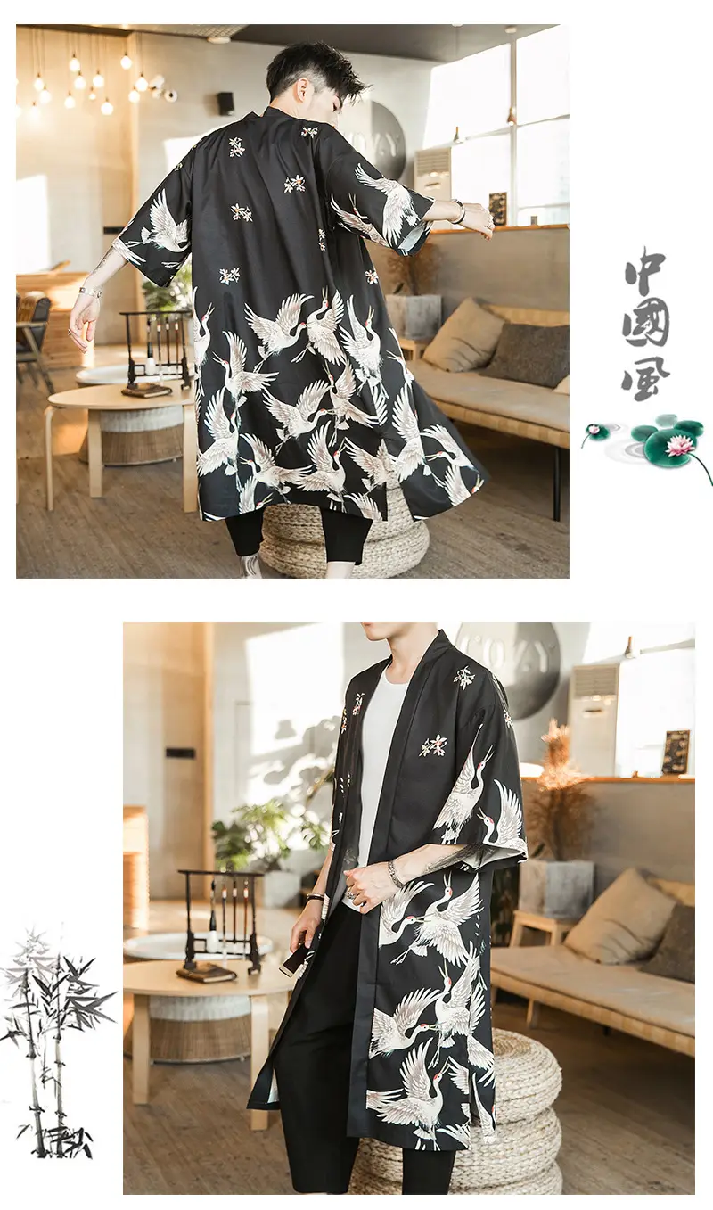 Summer Long Crane Printed Kimono for Men Plus Size — feature 2