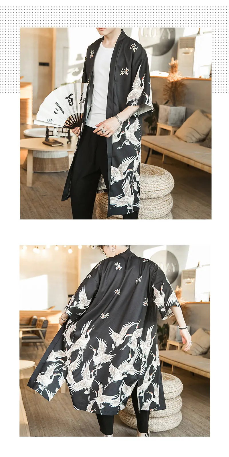 Summer Long Crane Printed Kimono for Men Plus Size — feature 3