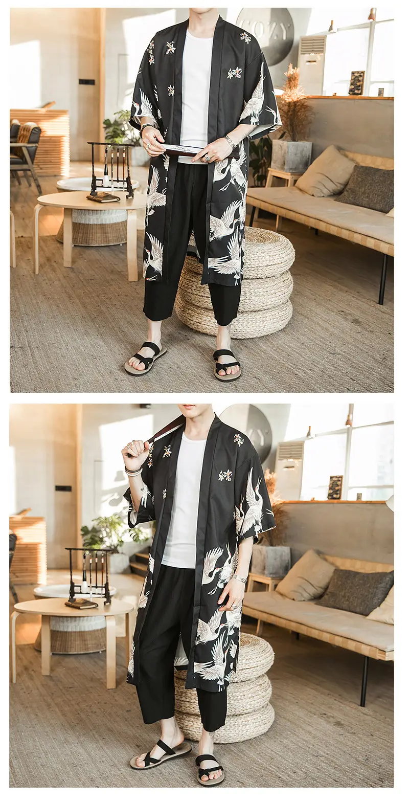 Summer Long Crane Printed Kimono for Men Plus Size — feature 4