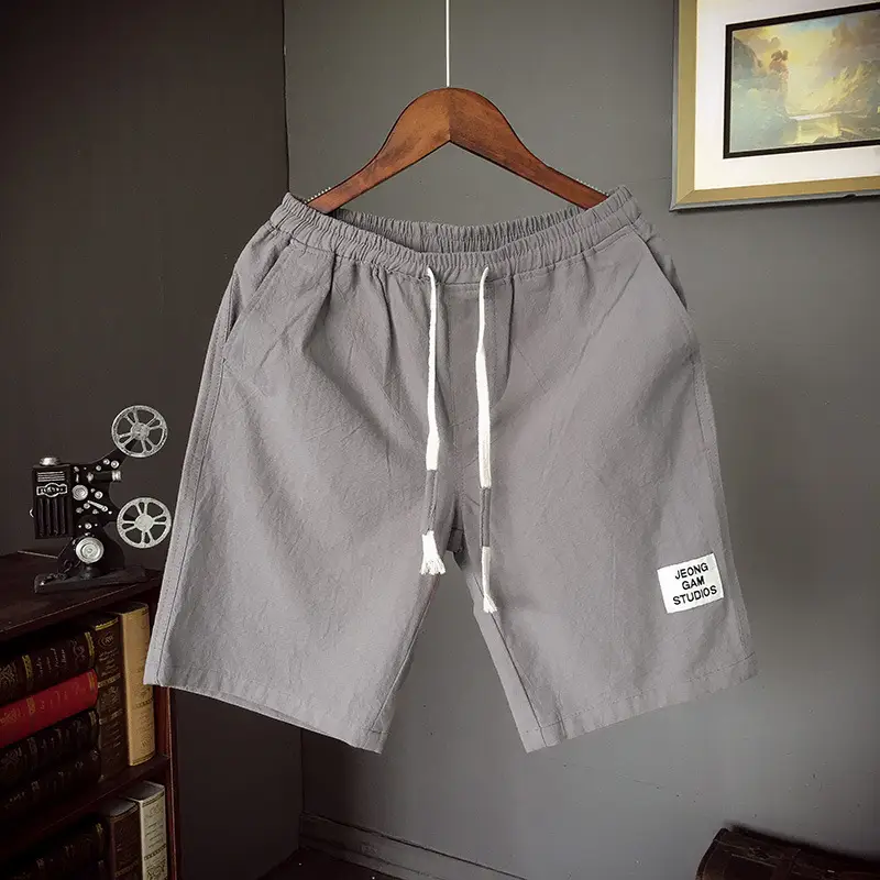 Men Linen Drawstring Shorts Olive Green Large