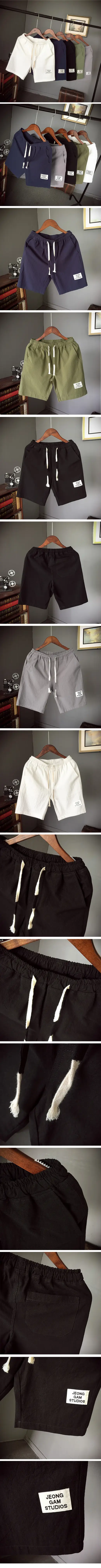 Men Linen Drawstring Shorts Olive Green Large — feature 3