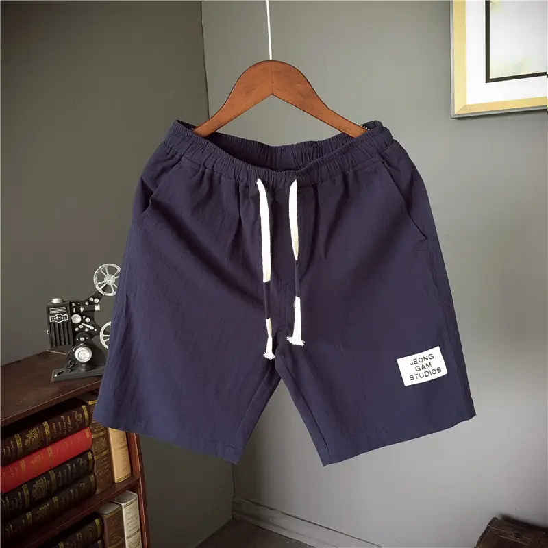 Men Linen Drawstring Shorts Olive Green Large