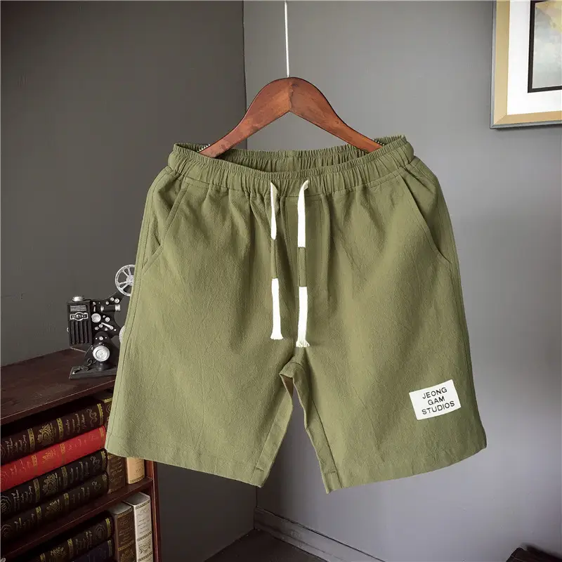 Men Linen Drawstring Shorts Olive Green Large