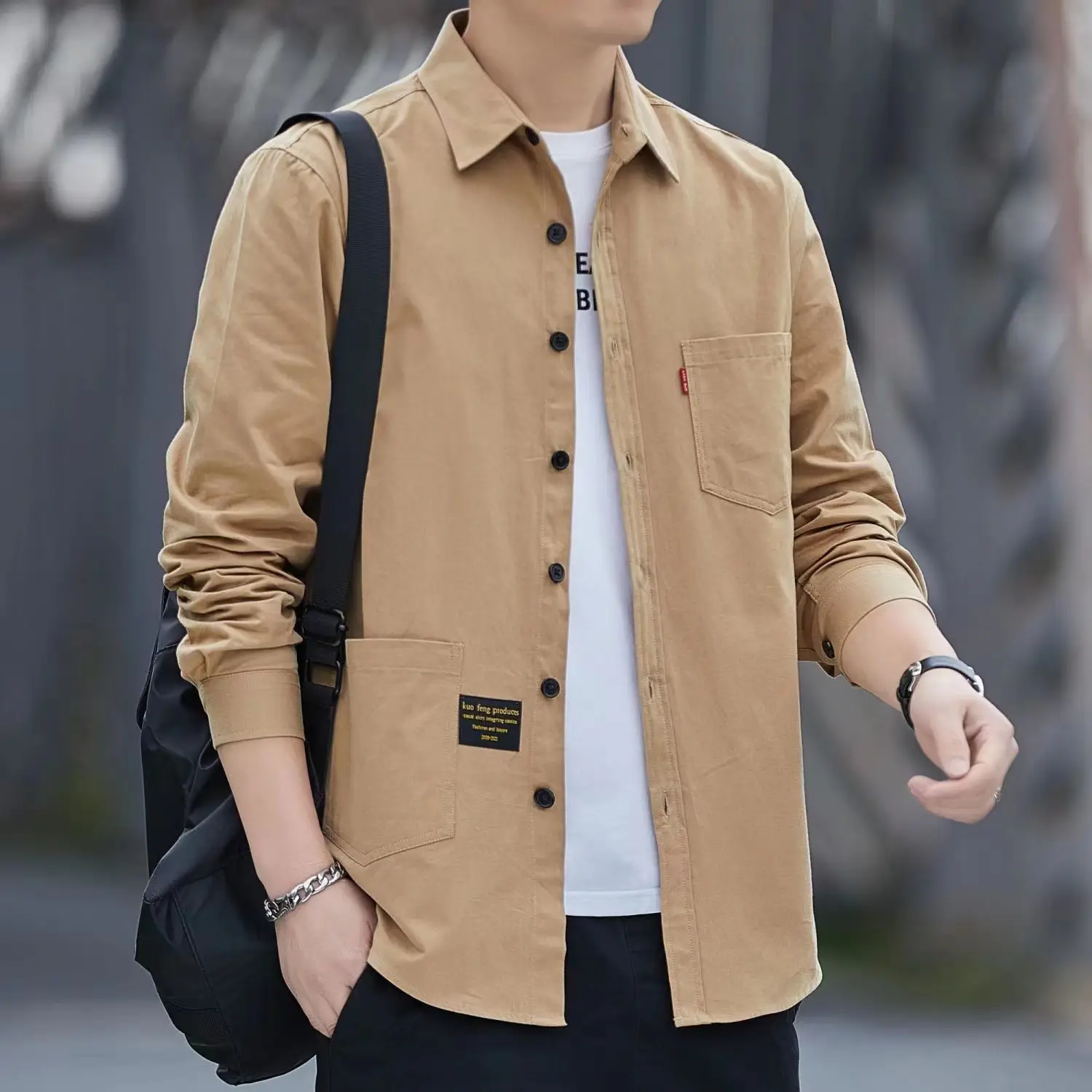 Men Cotton Long-Sleeve Shirt Grey Spring Autumn Hong Kong Style - Image 2
