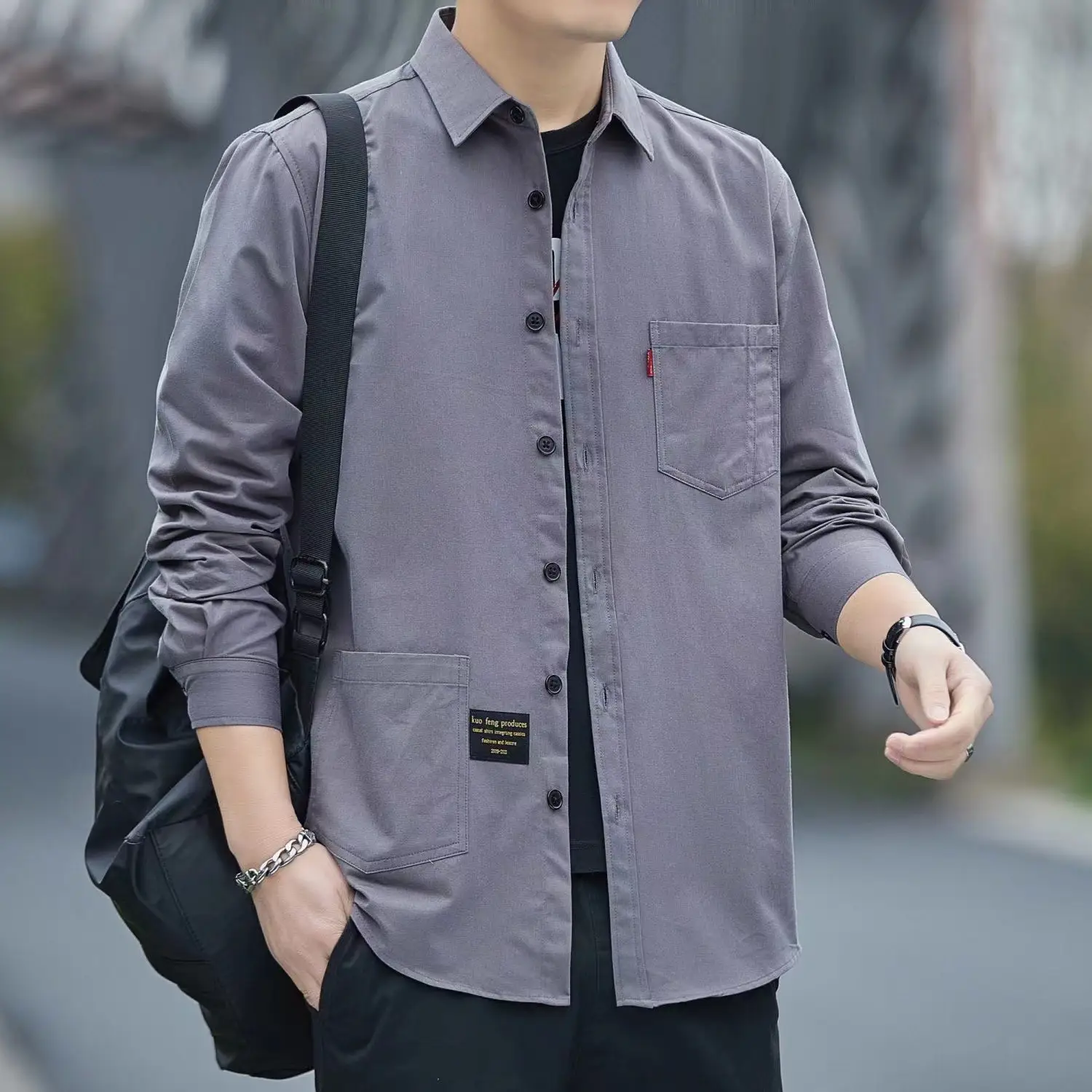 Men Cotton Long-Sleeve Shirt Grey Spring Autumn Hong Kong Style - Image 4