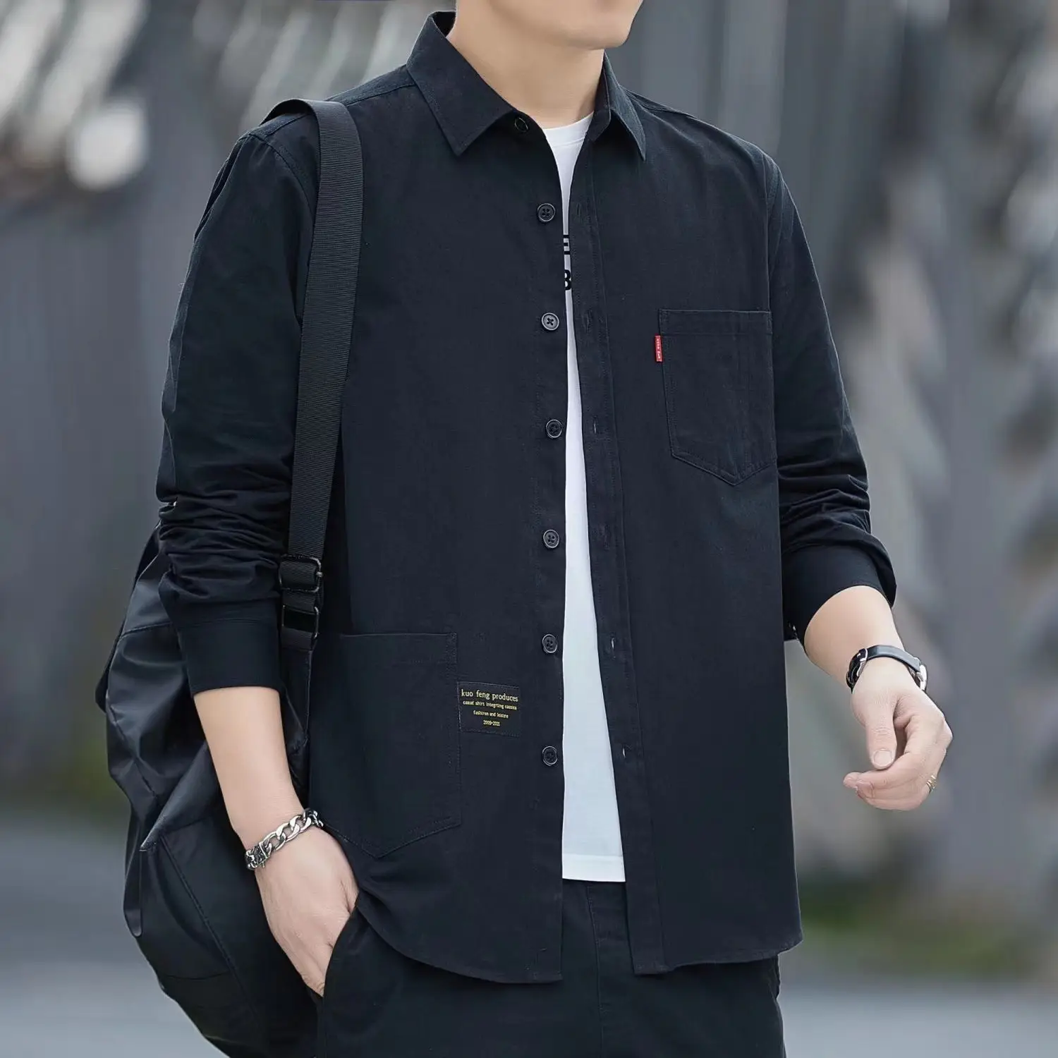 Men Cotton Long-Sleeve Shirt Grey Spring Autumn Hong Kong Style - Image 3