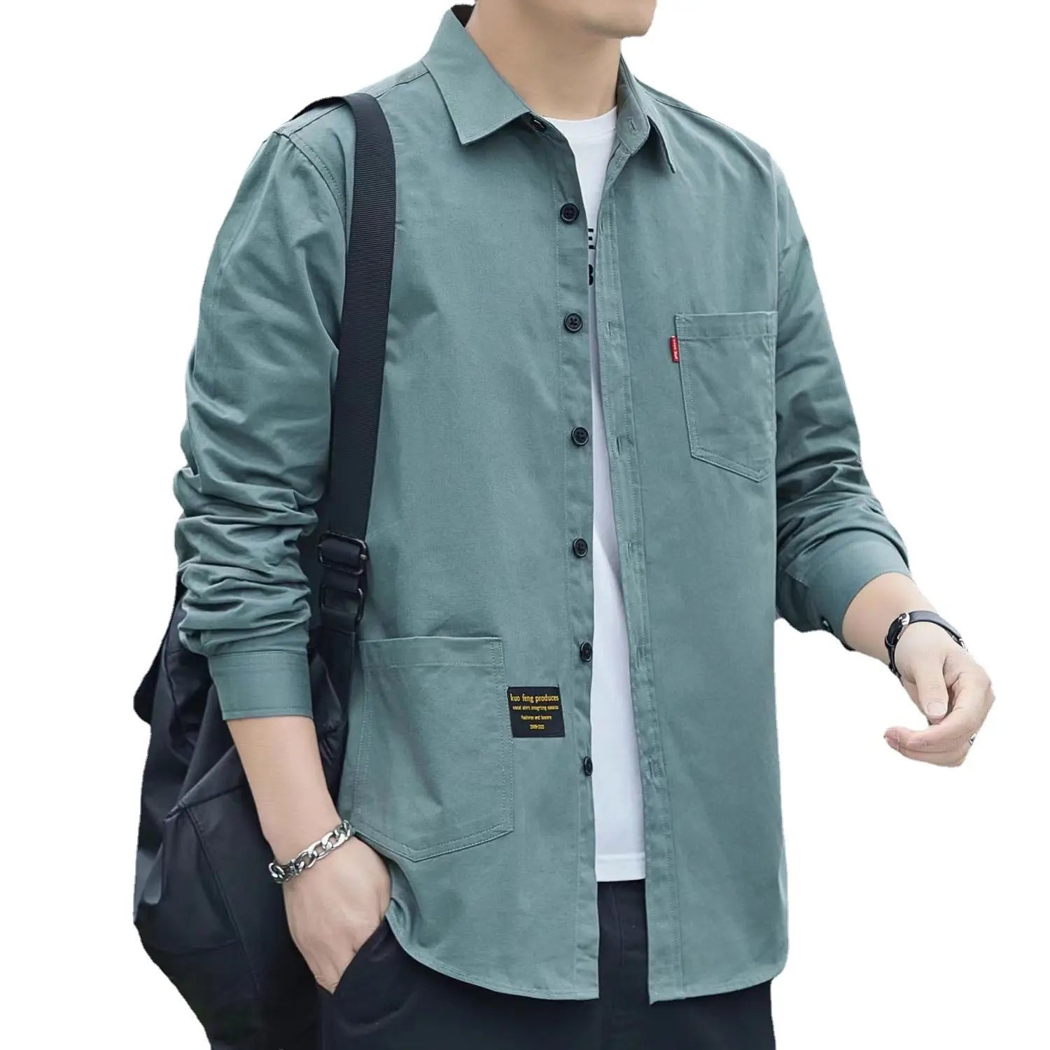Men Cotton Long-Sleeve Shirt Grey Spring Autumn Hong Kong Style - Image 6