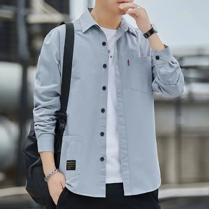 Men Cotton Long-Sleeve Shirt Grey Spring Autumn Hong Kong Style - Image 5