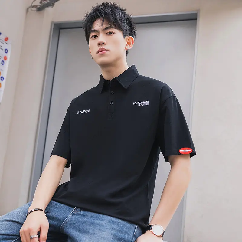 Men Black Polo T-Shirt Short Sleeve Off-Shoulder Casual - Image 4