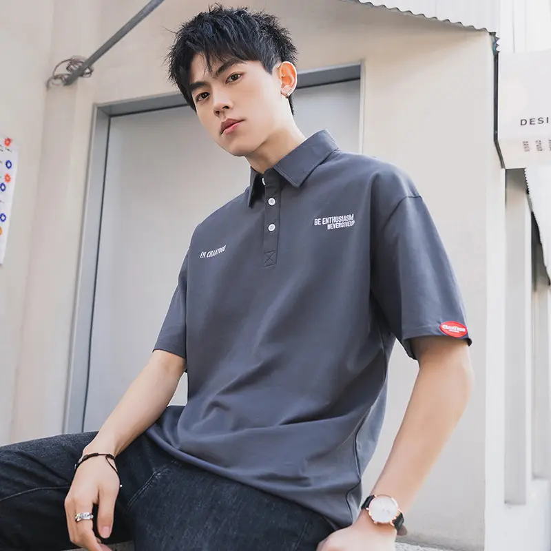 Men Black Polo T-Shirt Short Sleeve Off-Shoulder Casual - Image 5