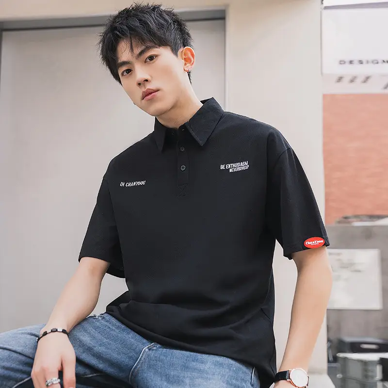 Men Black Polo T-Shirt Short Sleeve Off-Shoulder Casual - Image 2