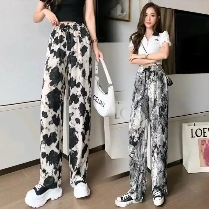 Women Wide Leg Ink Print Ice Silk Pants - Image 21