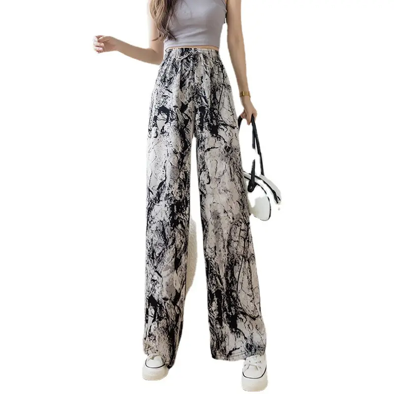 Women Wide Leg Ink Print Ice Silk Pants - Image 23