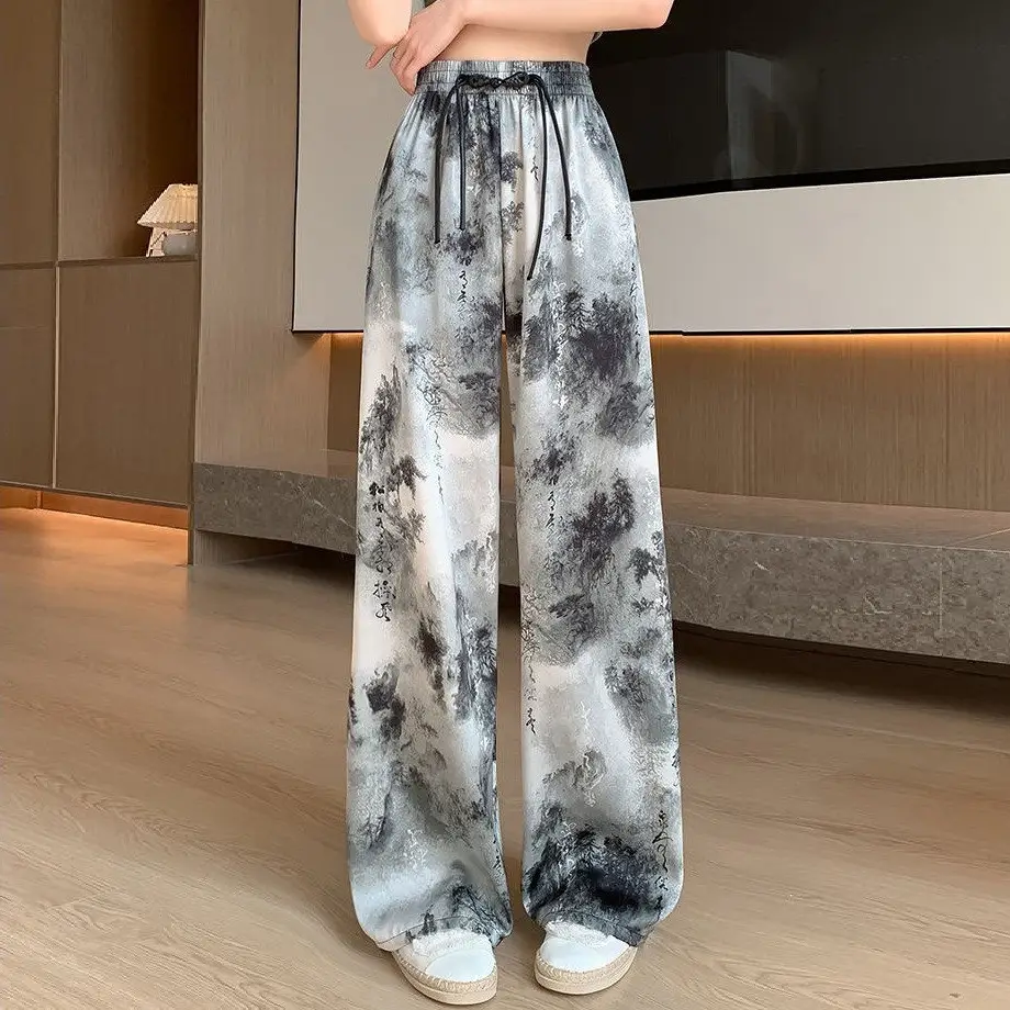 Women Wide Leg Ink Print Ice Silk Pants - Image 19
