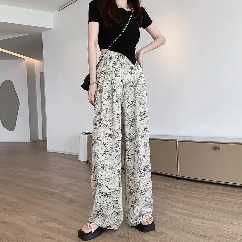 Women Wide Leg Ink Print Ice Silk Pants - Image 3