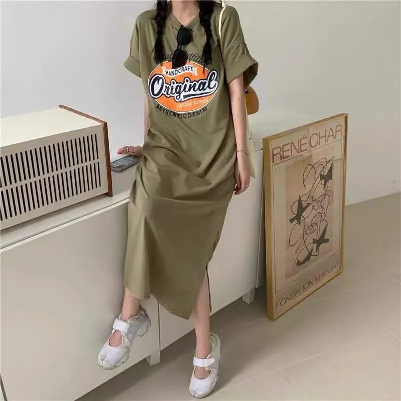 Plus Size Graphic Long Sleeve T-Shirt Dress Olive Green - Image 12