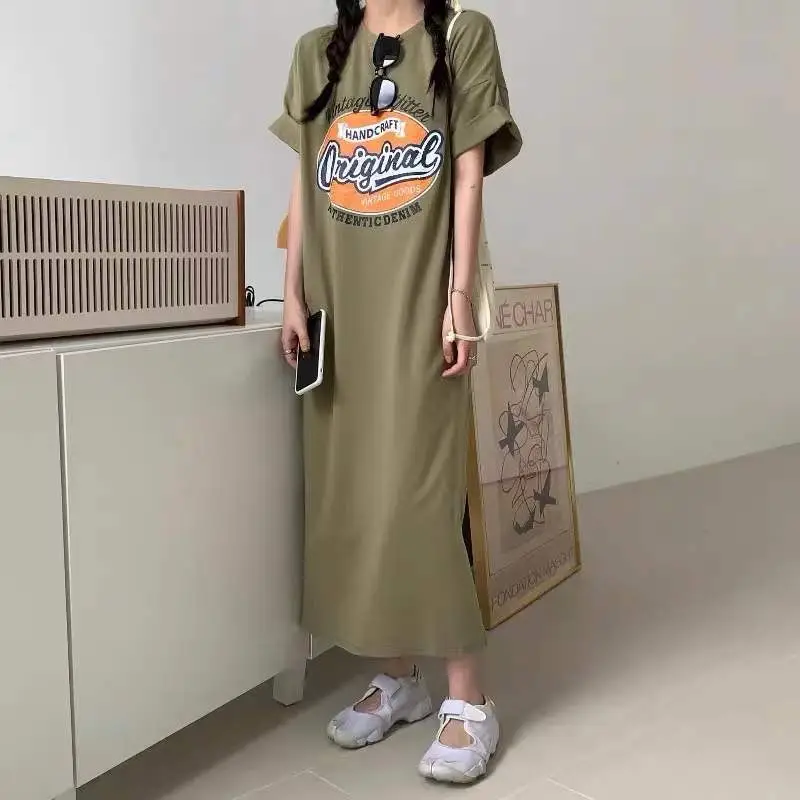 Plus Size Graphic Long Sleeve T-Shirt Dress Olive Green — feature 2