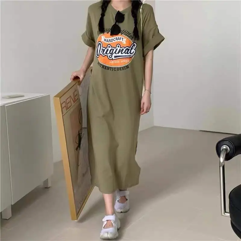 Plus Size Graphic Long Sleeve T-Shirt Dress Olive Green — feature 6
