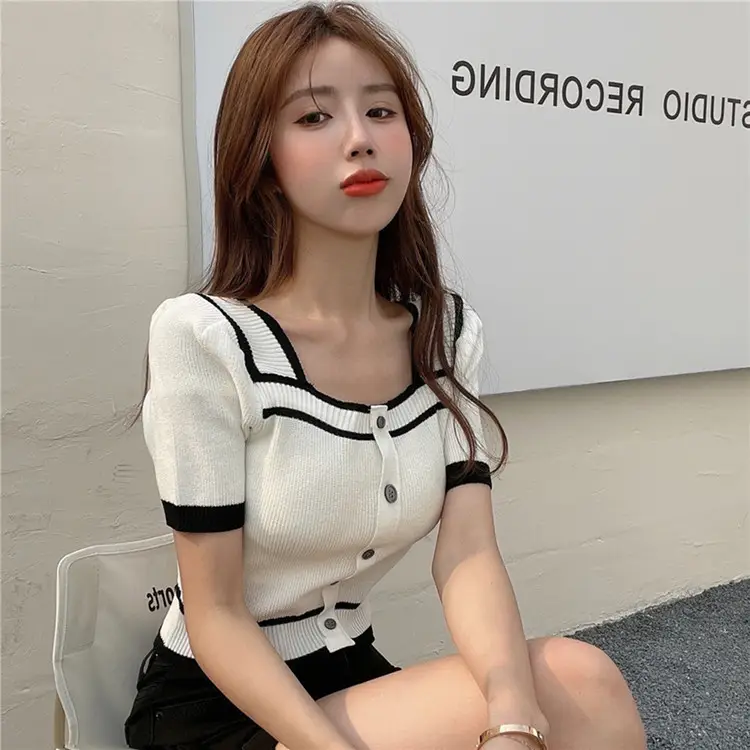 Women Knit Short Sleeve Top Black White Backless - Image 4