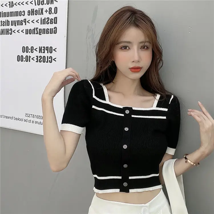 Women Knit Short Sleeve Top Black White Backless - Image 5