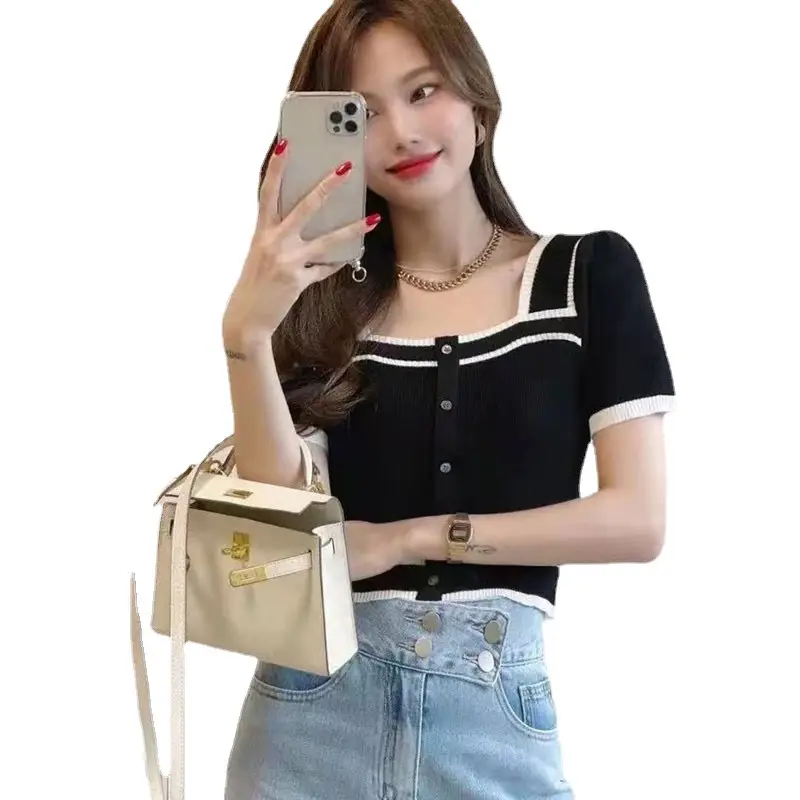 Women Knit Short Sleeve Top Black White Backless - Image 7