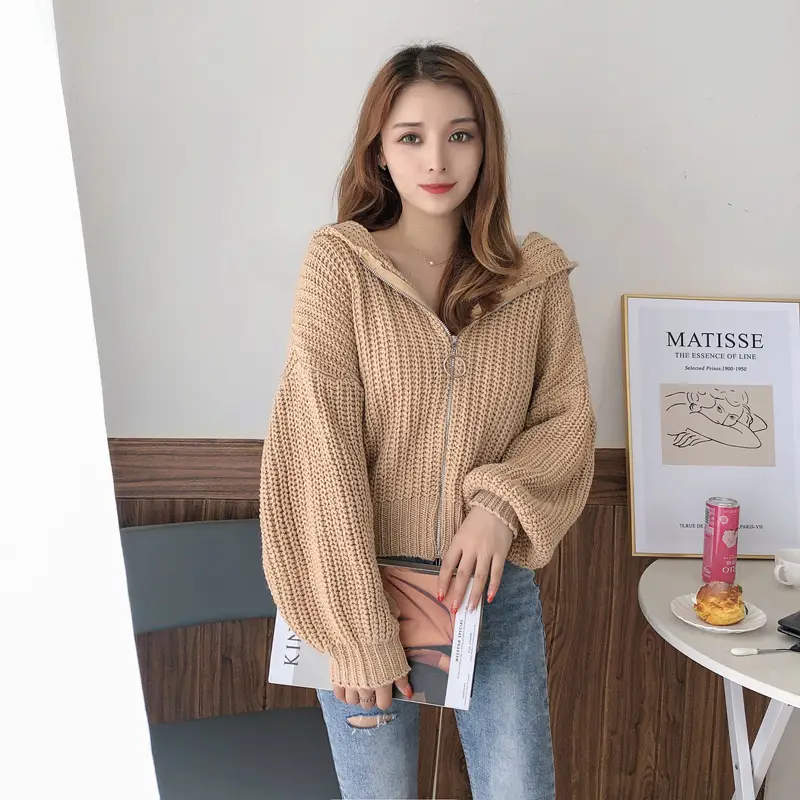Women's Thick Knit Cardigan Hooded Winter Coat Beige - Image 7