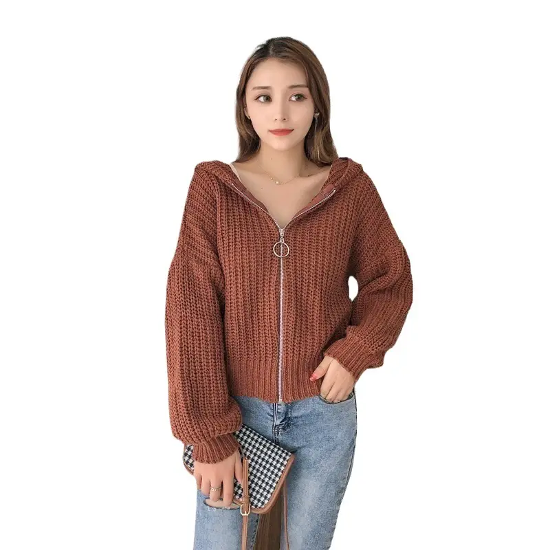 Women's Thick Knit Cardigan Hooded Winter Coat Beige - Image 9