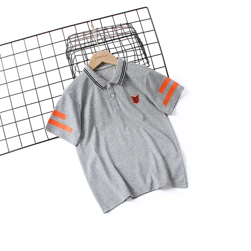 New Boys' 24 Summer Polo Shirt Grey Orange Stripes