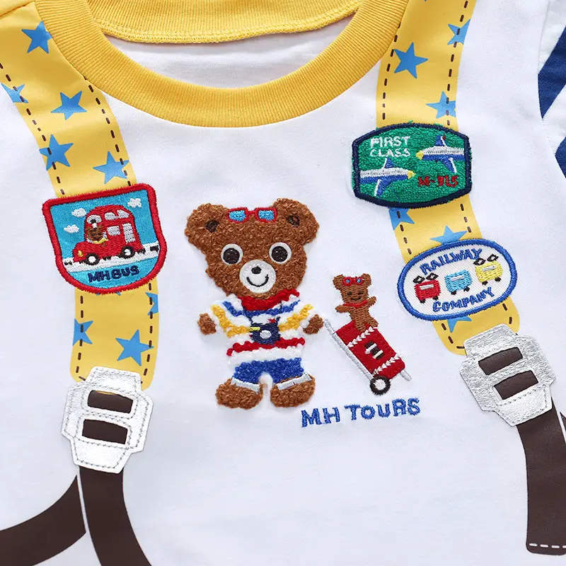 Children's Cartoon Backpack T-Shirt Set White Blue Striped