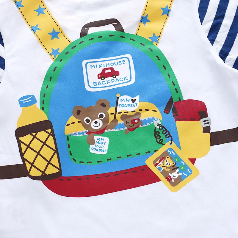 Children's Cartoon Backpack T-Shirt Set White Blue Striped