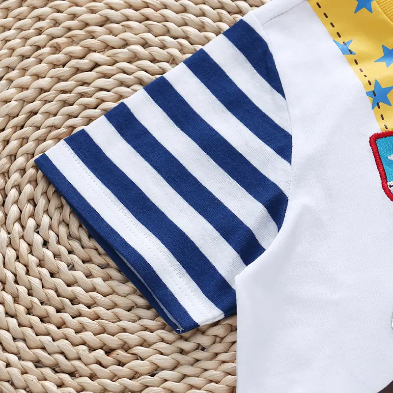 Children's Cartoon Backpack T-Shirt Set White Blue Striped