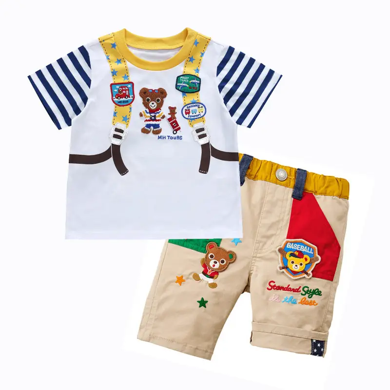 Children's Cartoon Backpack T-Shirt Set White Blue Striped