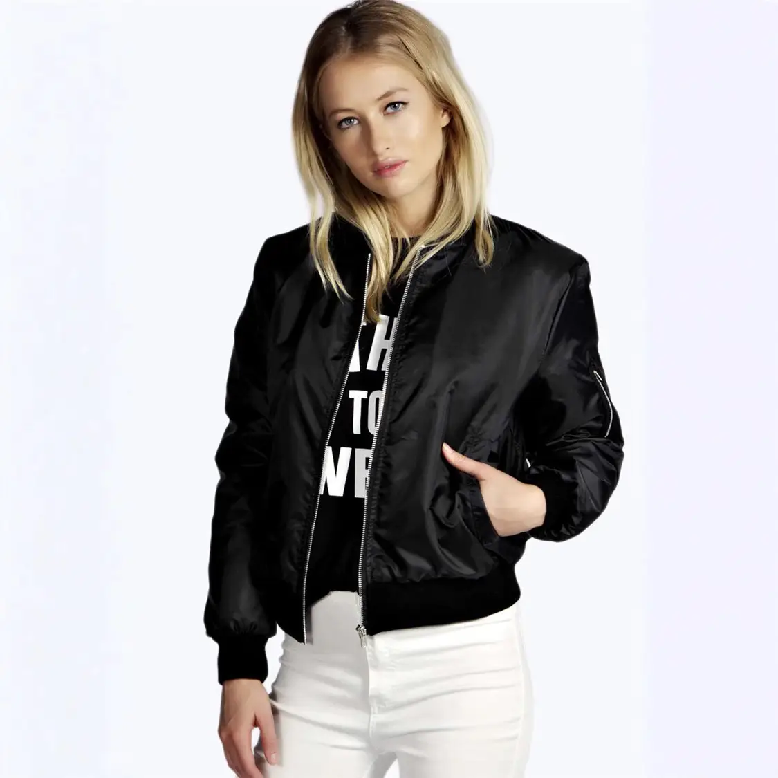 Black Bomber Jacket with White Print for Women - Image 7