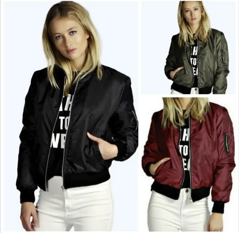 Black Bomber Jacket with White Print for Women — feature 4