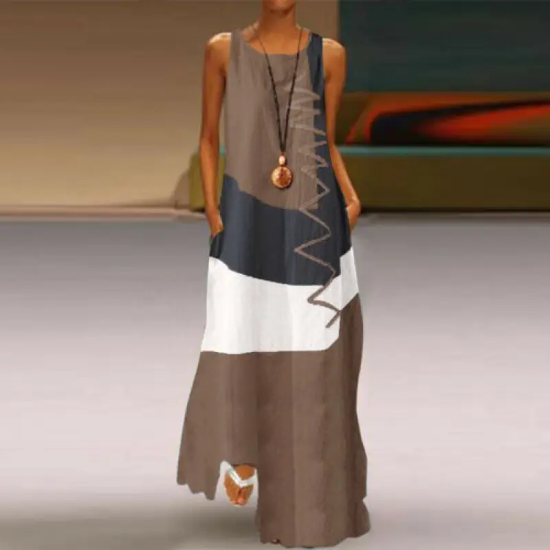 Women Vintage Printed V-Neck Sleeveless Dress Red White Black - Image 3