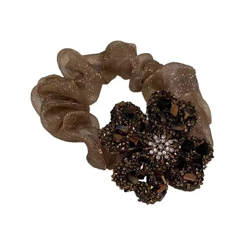 Rhinestone Hair Tie with Flower Design Brown - Image 7