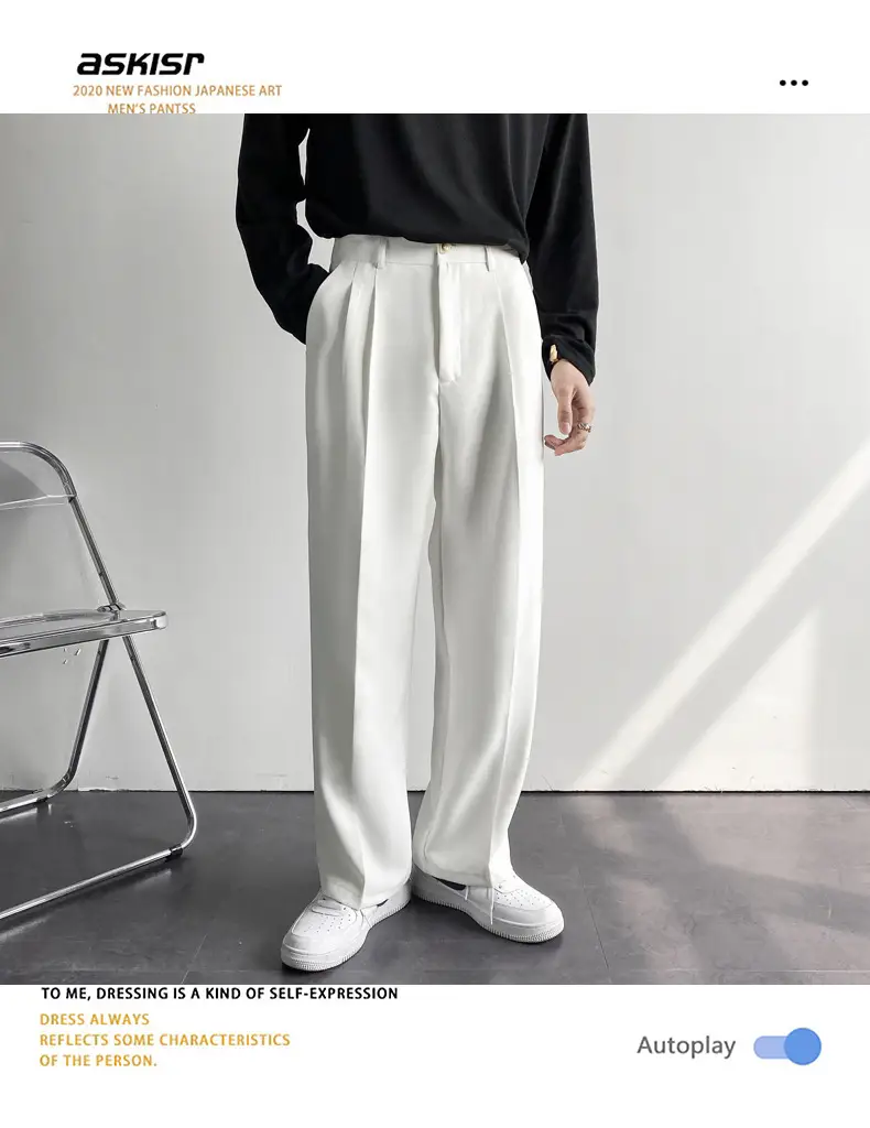Men's White Loose Straight Suit Pants with Black Sweatshirt — feature 34
