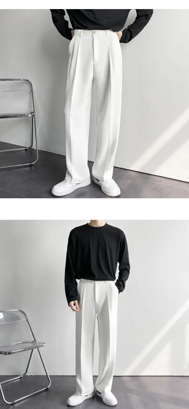 Men's White Loose Straight Suit Pants with Black Sweatshirt — feature 38