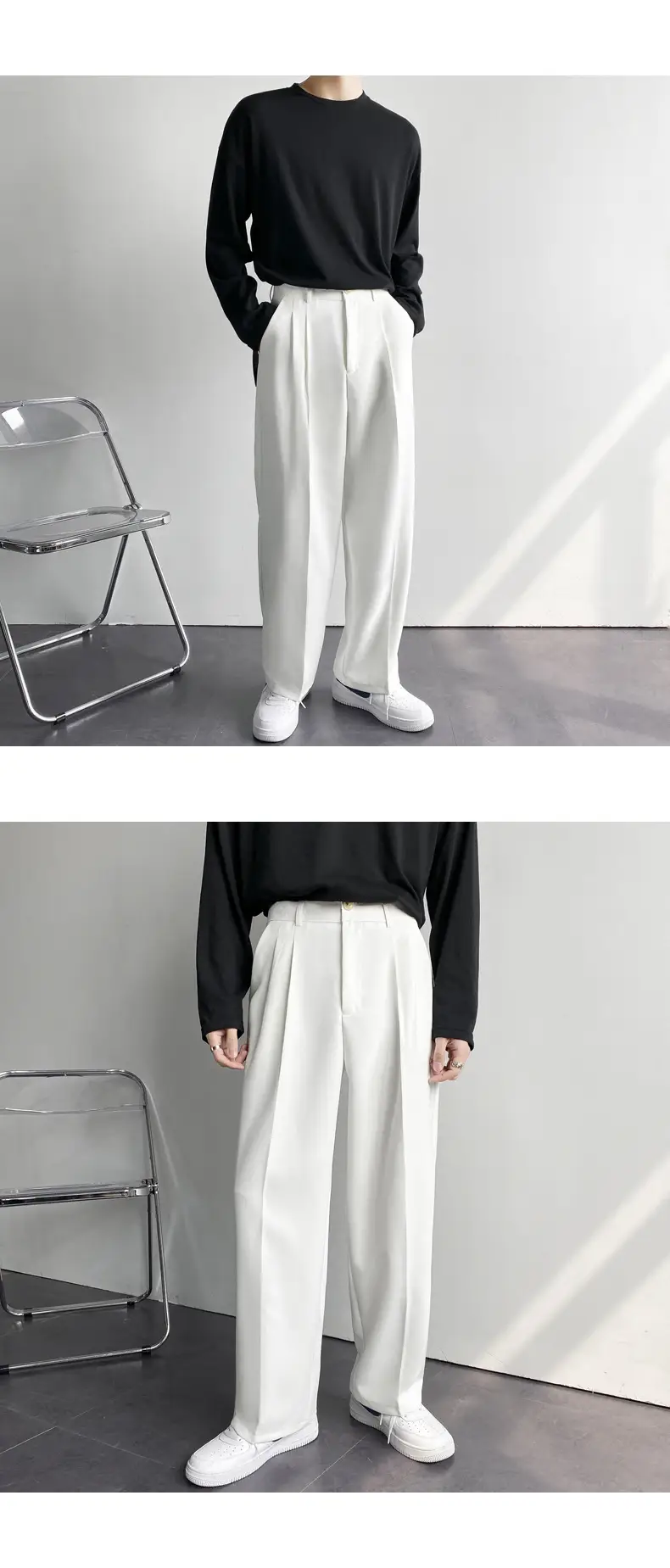 Men's White Loose Straight Suit Pants with Black Sweatshirt — feature 39