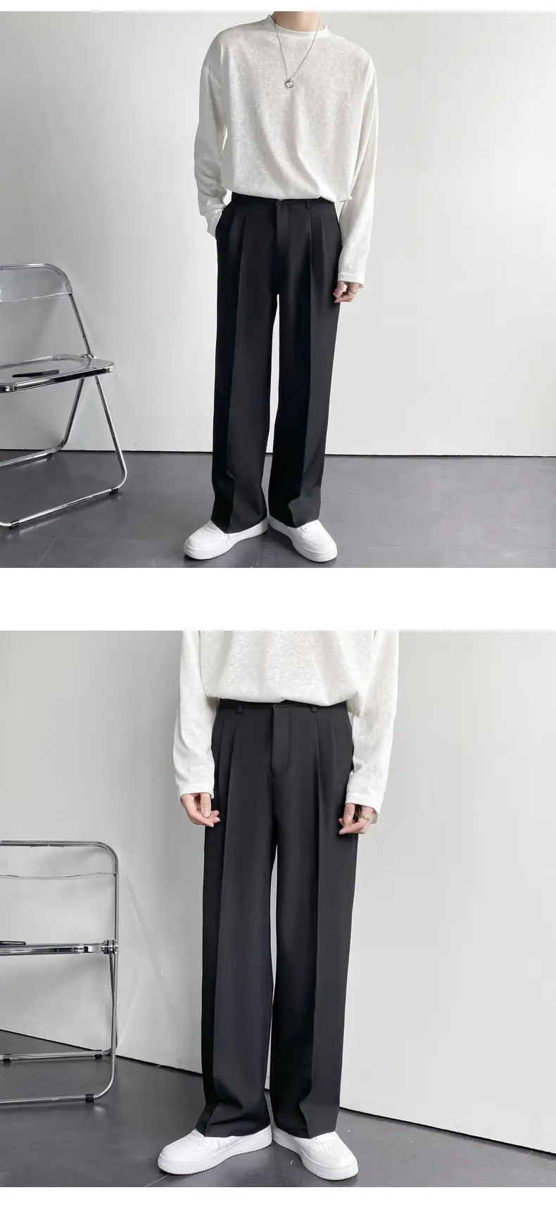 Men's White Loose Straight Suit Pants with Black Sweatshirt — feature 43